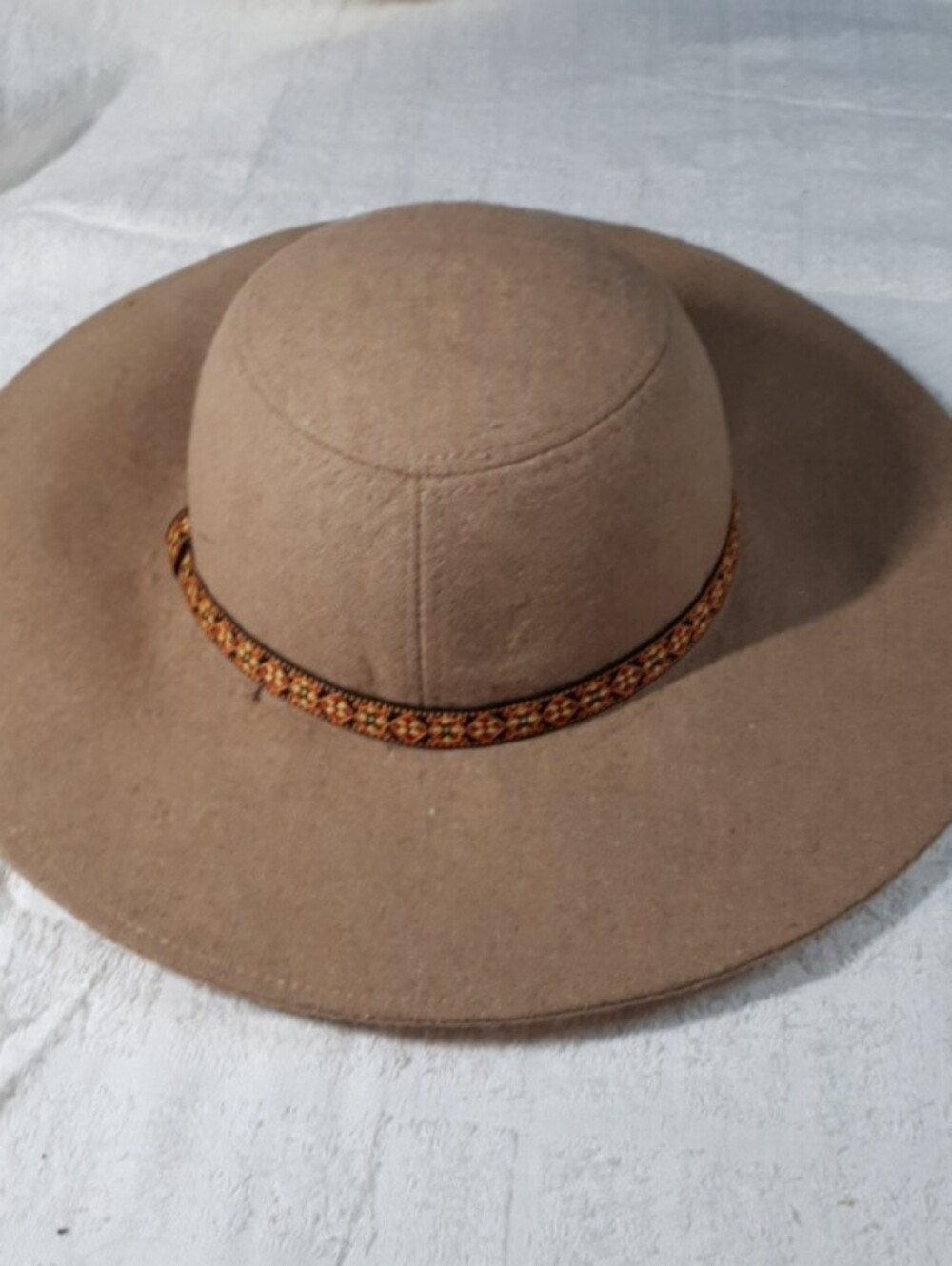 Womens Tan Wide-Brim Wool Felt Hat with Decorative Band